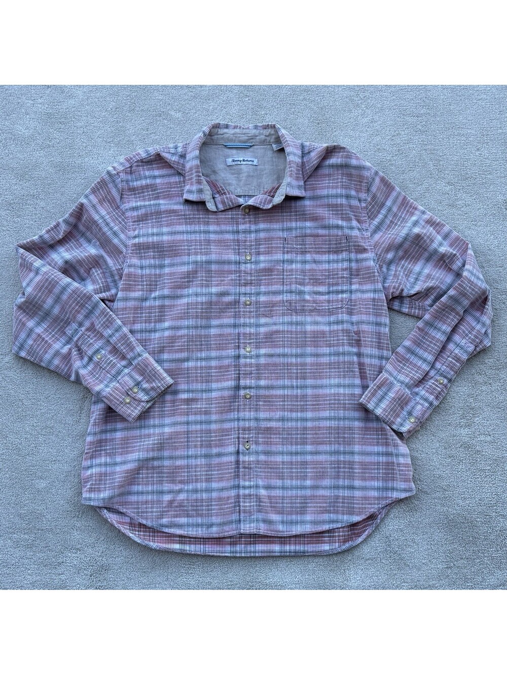 Tommy Bahama Men’s XL Pink & Olive Green Corduroy Plaid Button Down Long Sleeve